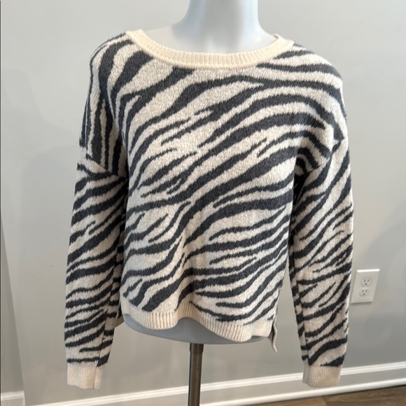 Black and White Crew Neck Zebra Print Sweater - Picture 1 of 6